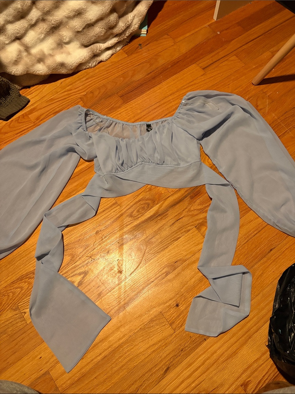 Windsor Light Blue Puff Sleeve Tie-Back Crop Top